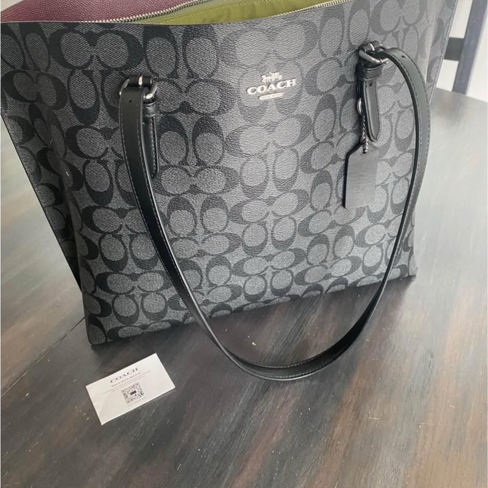 Coach Black Monogram Tote with Leather Trim